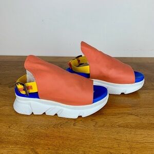 Girotti Platform Sandals Leather Size 40 Orange Blue Y2K 00s Strap Funky Vibrant